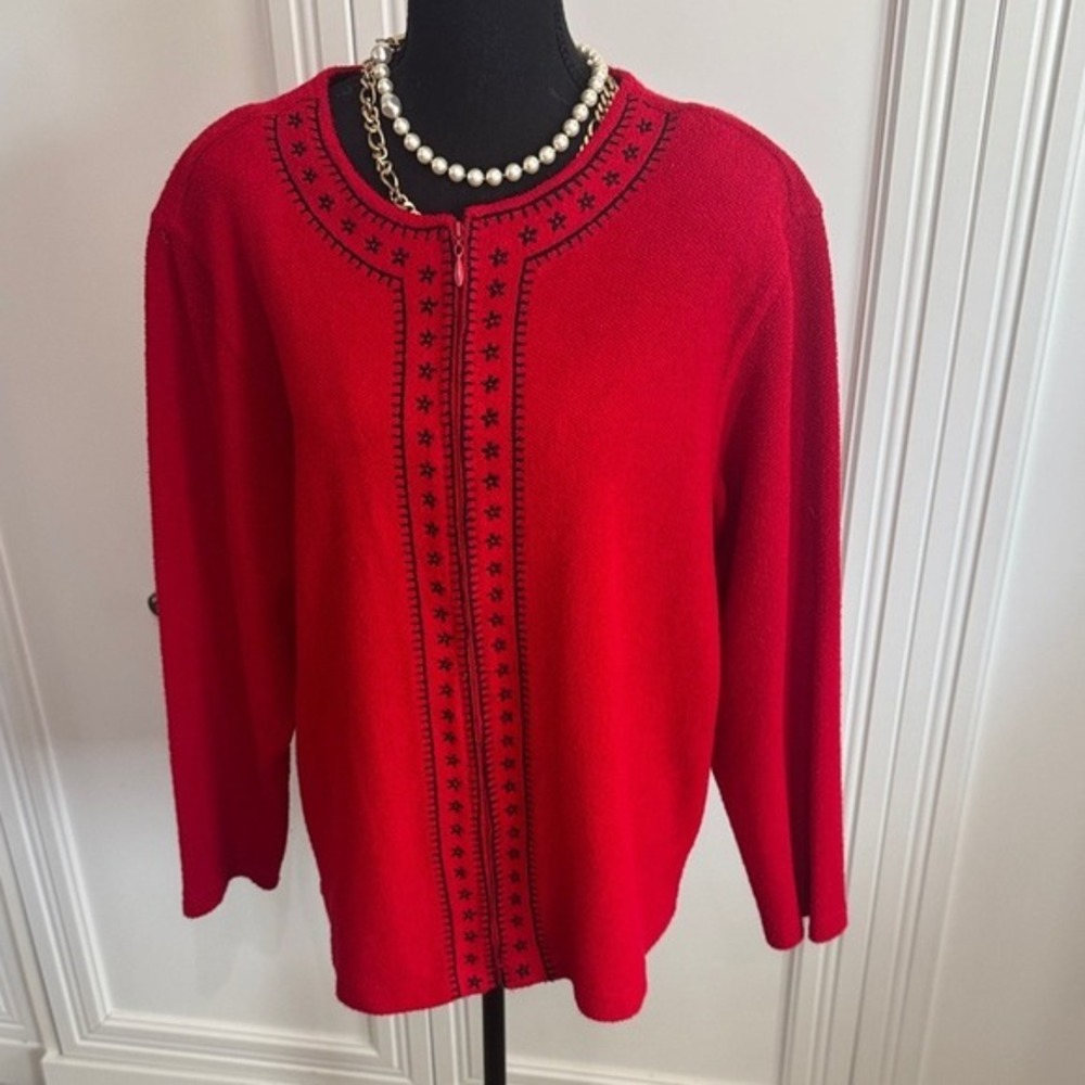 C.D. Daniels Red Zip Front Embroidered Cardigan Sweater